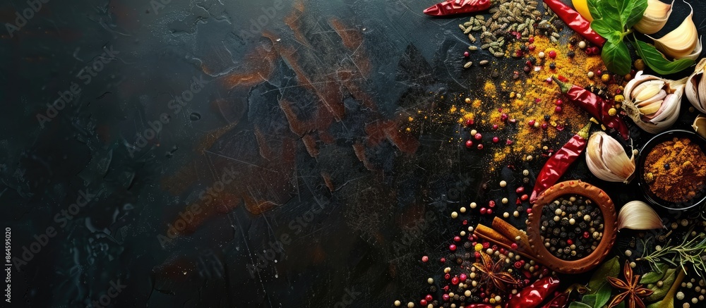 Canvas Prints Food ingredients displayed with various spices against a dark background, with copy space image.