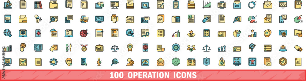 Aufkleber 100 operation icons set. color line set of operation vector icons thin line color flat on white