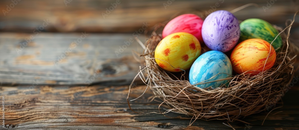 Poster multicolored eggs in a paper nest on wood with copy space image.