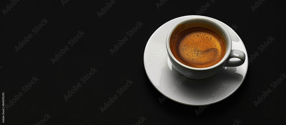 Poster half a cup of espresso on a black background with a clear area for text or images. copy space image.