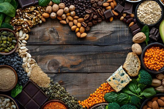 heart shape of wood made of super foods containing magnesium trace element