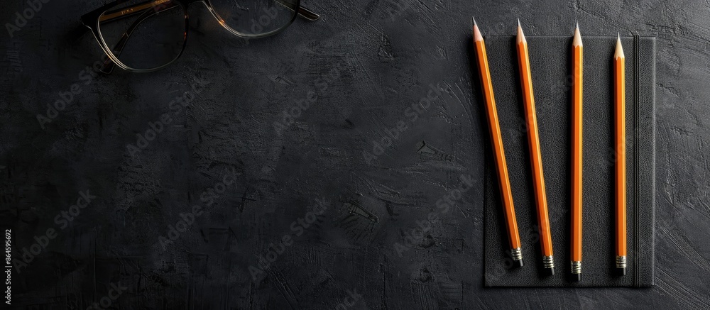 Poster items like pencils, paper note, and glasses arranged on a sleek black leather surface with a blank s