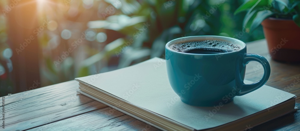 Poster coffee cup on background with notebook, a serene copy space image is created.