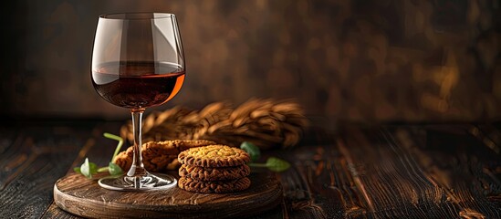 Sweet wine in a glass with a cookie beside it, creating a cozy setting with a designated area for text in the background copy space image.