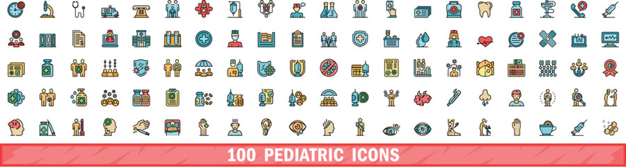 100 pediatric icons set. Color line set of pediatric vector icons thin line color flat on white