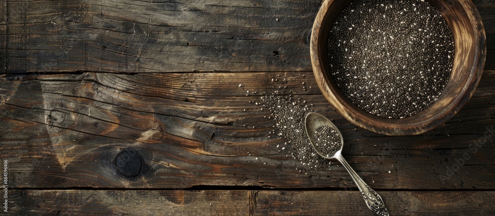 Poster top-down view of a wooden bowl filled with chia seeds on a rustic table, accompanied by a spoon, wit