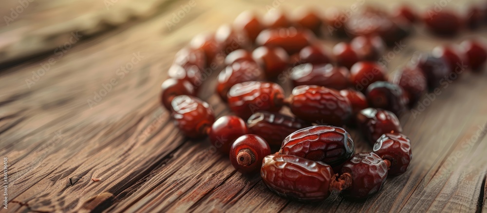 Poster dates fruit and muslim prayer beads displayed on a wooden surface with a plain area ideal for adding