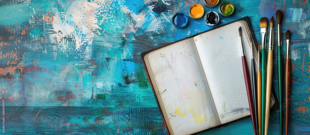 Poster top view of colorful paintbrushes, a book, and a pen on a background with ample copy space image.
