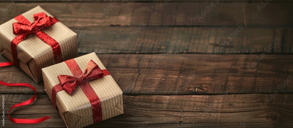 Poster two distinct gift boxes displayed on a wooden surface with a blank space for an image. copy space im