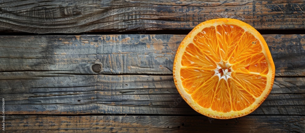 Poster a halved orange placed on a wooden surface, providing a backdrop with ample copy space for an image.