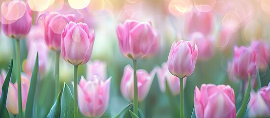 Naklejka premium Pink tulips group in a field with a spring blurred backdrop, ideal for a postcard featuring a bouquet suitable for Mother's Day or Women's Day with a soft selective focus and copy space image.