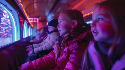 Fototapeta premium Childrens faces light up with wonder as the trains interior is transformed into a winter wonderland.