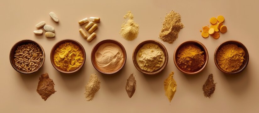 Masala Haldi Doodh ingredients arranged on a beige backdrop, embodying the concept of alternative medicine with a serene copy space image.
