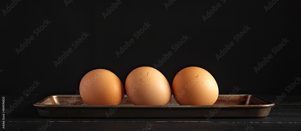 Aufkleber three fresh chicken eggs on a tray against a black background with a blank space for text or an imag