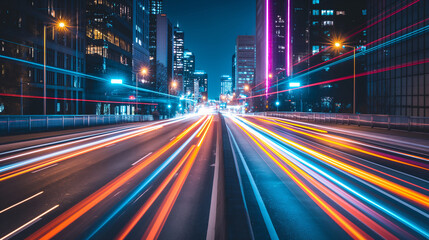 Naklejka premium A bustling city street at night captured with a long exposure, creating colorful light trails from the motion of vehicles - Generative AI