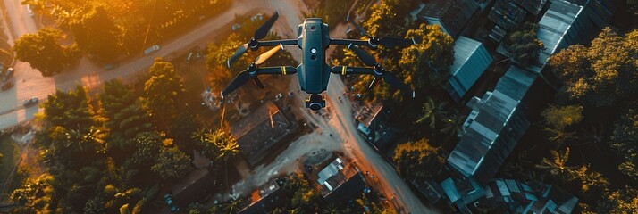 A drone flies over a town at sunset, capturing stunning aerial footage of the urban landscape. Generative AI