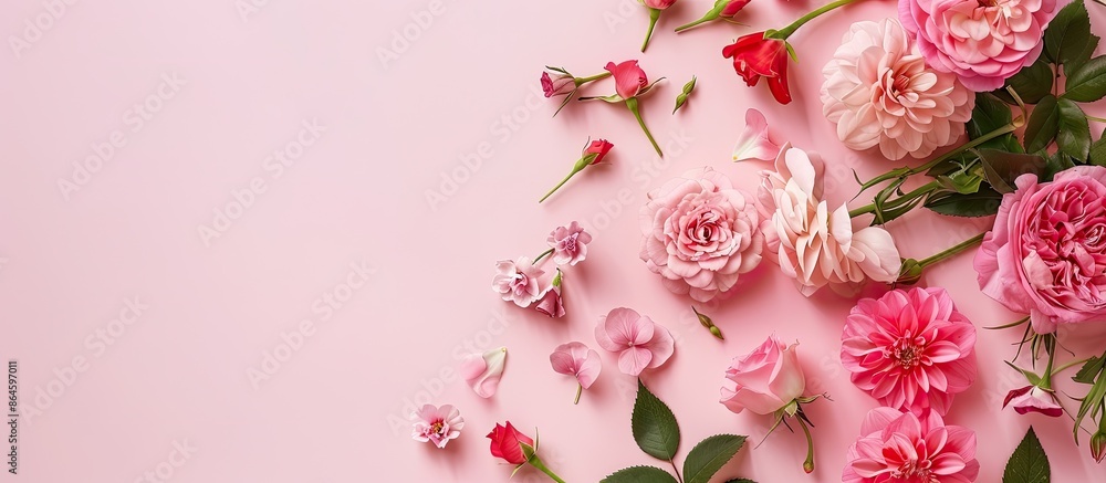 Poster neatly organized flowers on a blank background with area for text in a copy space image.