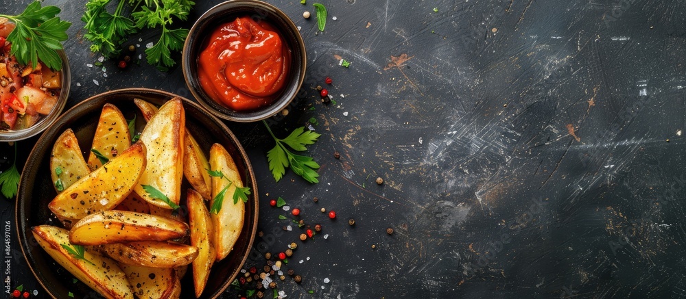 Poster top view of country-style potato wedges with herbs and sauce, in a panoramic photograph with empty s