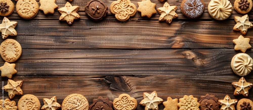 Poster delicious christmas homemade cookies arranged in a frame on a wooden background with space for text 