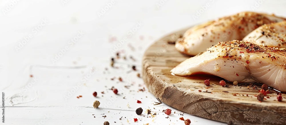 Poster chicken breast with seasoning on wooden board against white backdrop, showing side, with space for t