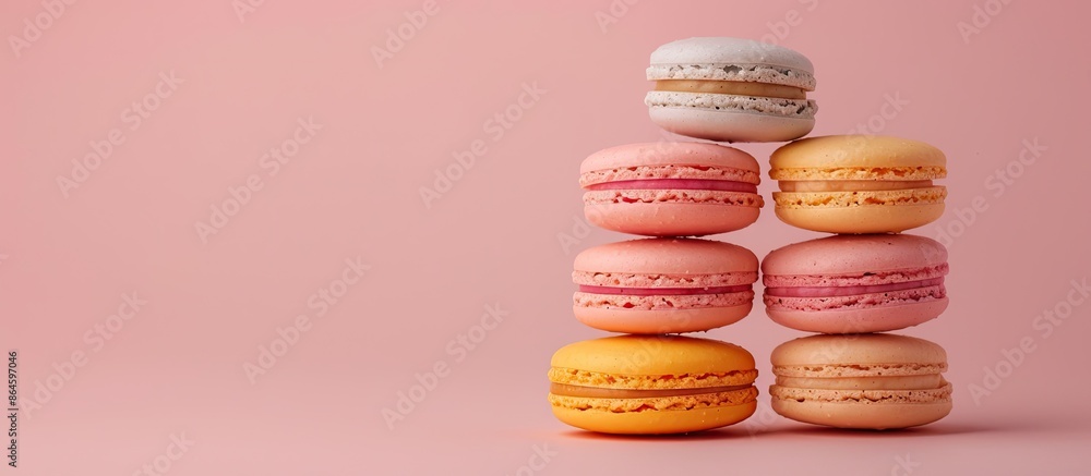 Aufkleber multicolored macaron displayed against pale pink backdrop with copy space image.