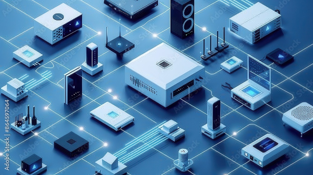 Poster an isometric illustration showcasing an array of interconnected network devices, routers, modems, an