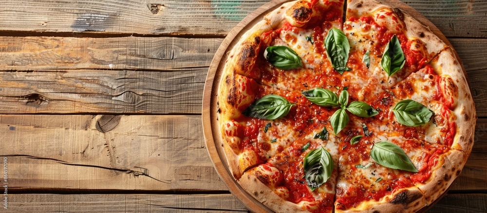 Poster top-down view of pizza margherita on a wooden surface with room for text or graphics in the image. c