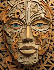 Rostro de persona del pasado y el futuro, dorados y azules