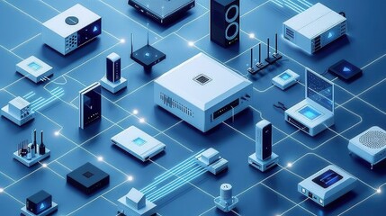 An isometric illustration showcasing an array of interconnected network devices, routers, modems, and smart home gadgets, with abstract lines symbolizing data flow. Generative AI