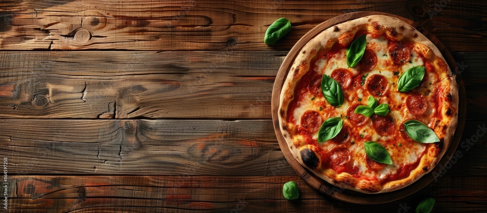 Poster top-down view of pizza margherita on a wooden surface with room for text or graphics in the image. c