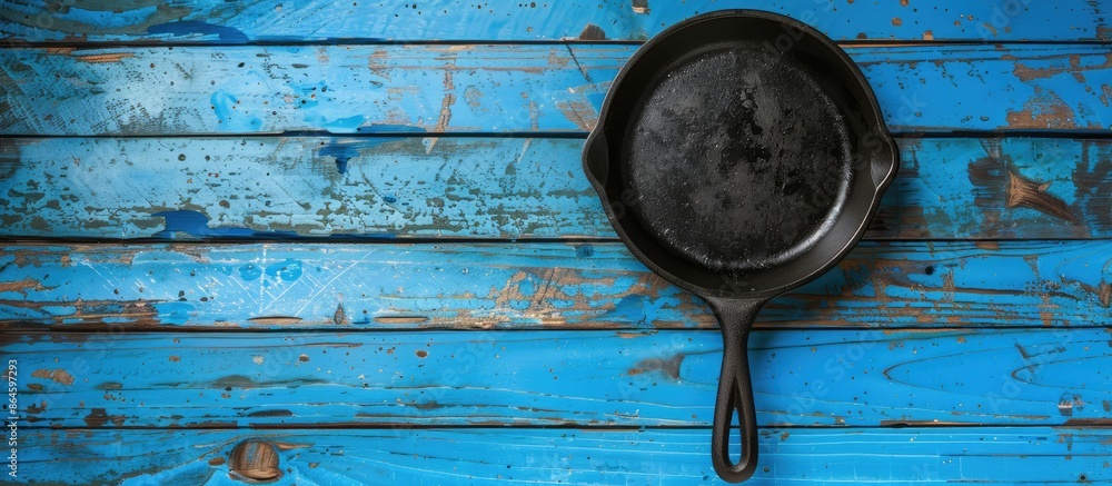 Poster blank cast iron pan on blue wooden backdrop. plenty of space for text. ideal for product presentatio