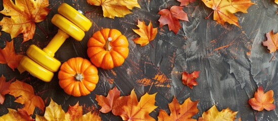 Autumn-themed fitness composition with yellow dumbbells, Halloween decor, and a pumpkin on fall leaves, creating a gym workout flat lay concept with copy space image.