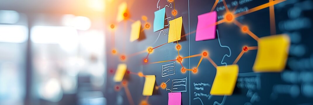whiteboard in office with differents post-it. a sitemap of a website drawn in the witheboard