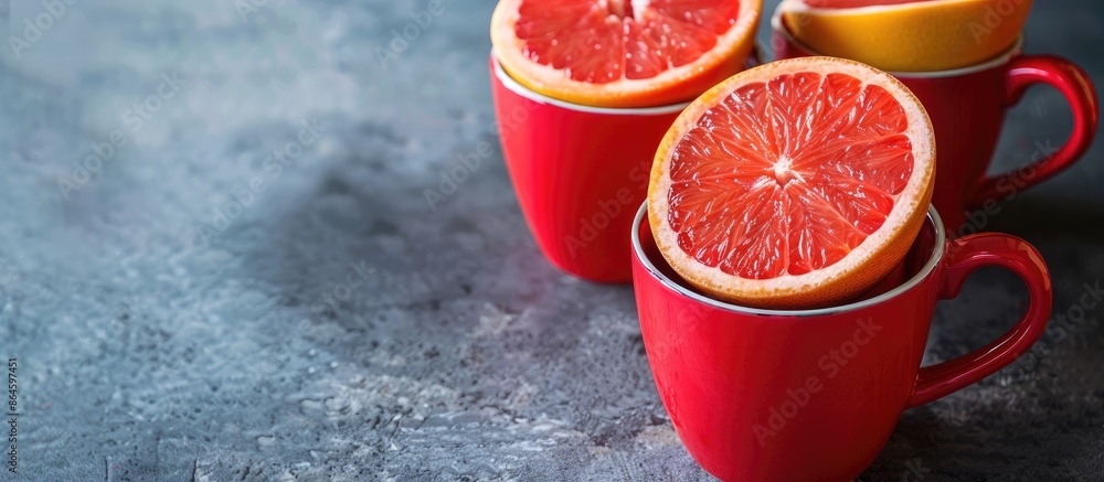 Poster close-up view of bright red mugs with sliced grapefruit on a gray concrete backdrop, offering ample 