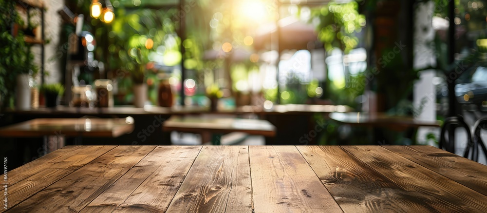 Aufkleber brown wooden table with focus on empty space, surrounded by a blurred coffee shop background featuri