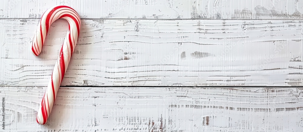 Aufkleber festive candy cane on a white wooden backdrop creating a charming setting for a copy space image.