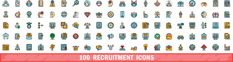 100 recruitment icons set. Color line set of recruitment vector icons thin line color flat on white