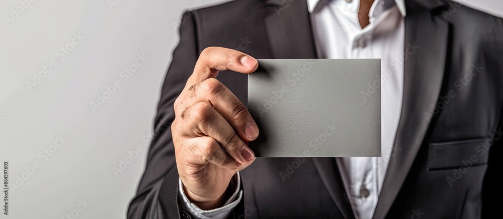 Poster a man in a black suit holds a gray blank card in a studio with a white background, suitable for use 