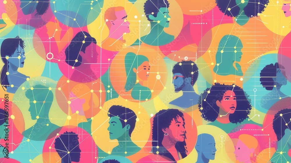 Poster Colorful abstract art with diverse profiles connected by lines and dots symbolizes the interconnected world of social media and influencer marketing. Generative AI