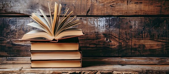 Back to school vibes with a stack of hardback books placed on a wooden table, featuring an open book inviting you to explore its contents. Copy space image included.