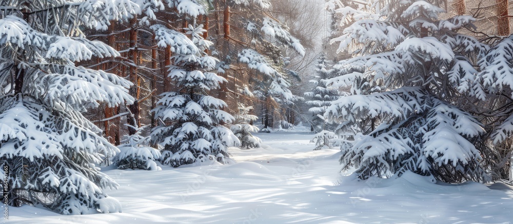 Poster expensive snowy forest scene with snow-covered trees and copy space image.