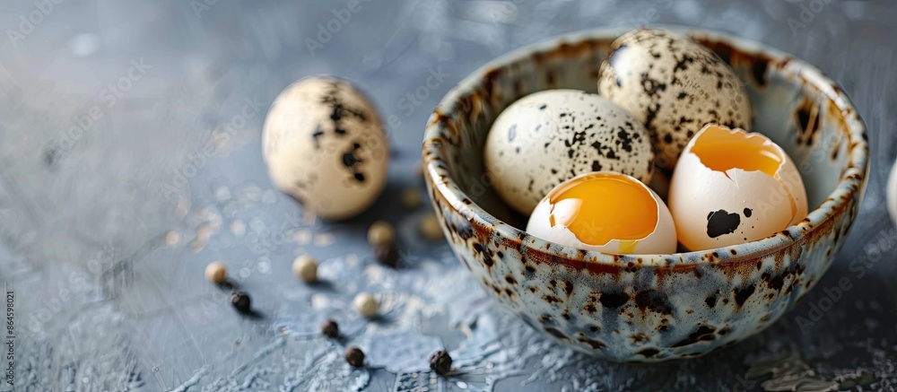 Poster raw quail eggs in a bowl with a food background and copy space image in a close-up view.