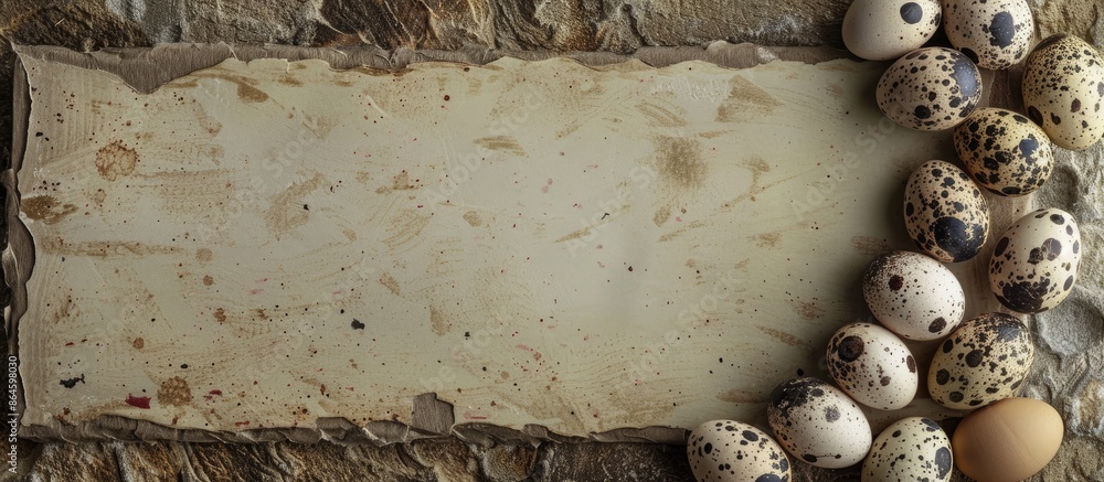 Poster easter themed greeting card with quail eggs depicted from a bird's eye view, providing a blank area 