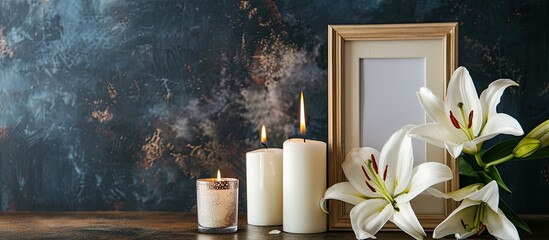 A photo frame with a lily flower and candles displayed on a table against a dark background, providing an elegant setting with copy space image.