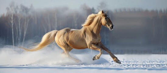 A golden buckskin Akhal-Teke horse gallops freely in a snow-covered landscape with a serene backdrop, creating a stunning visual for a copy space image.