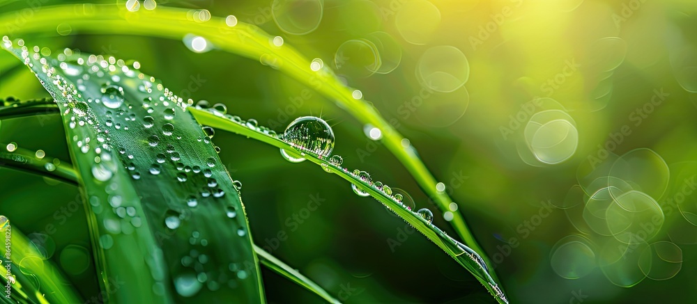 Poster silhouettes of dew on a leaf with a green background create a serene copy space image.