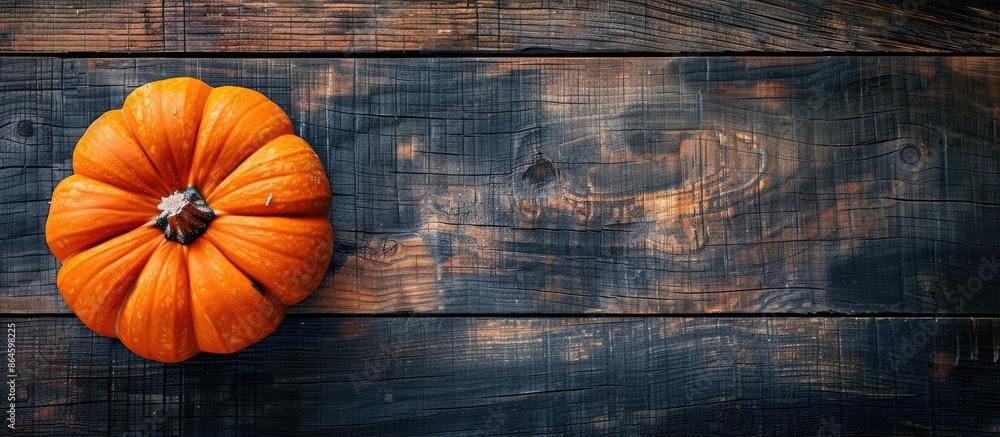 Poster top view of pumpkin in an autumn-themed setting on a dark wooden backdrop with space for text or ima