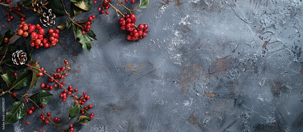 Wall mural A festive holiday arrangement from above on a gray cement background with room for text in the picture. Flat lay photo with copy space image.