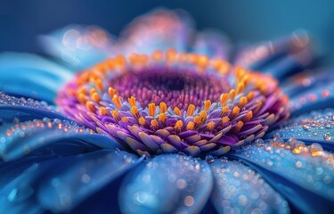 Close Up of a Blue and Purple Flower Covered in Dew