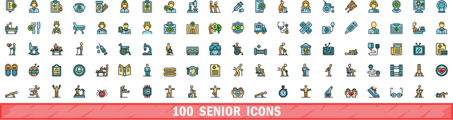 100 senior icons set. Color line set of senior vector icons thin line color flat on white